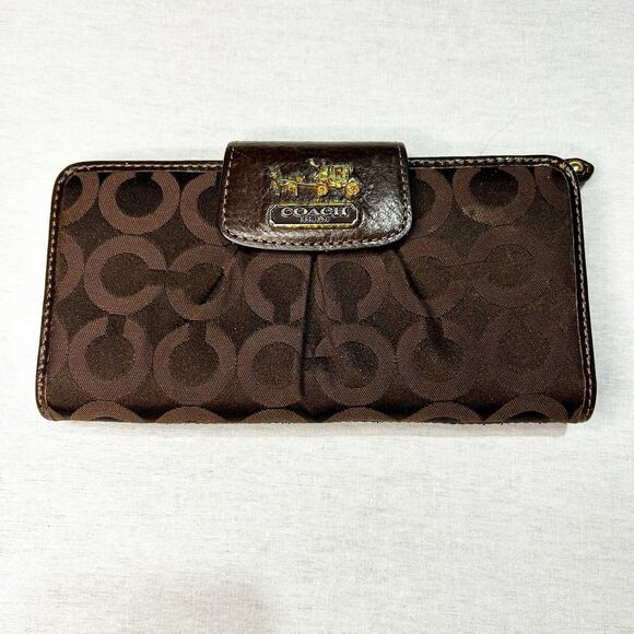 Coach Signature C Pattern wallet in dark brown with gold accents, Classic - Picture 1 of 5